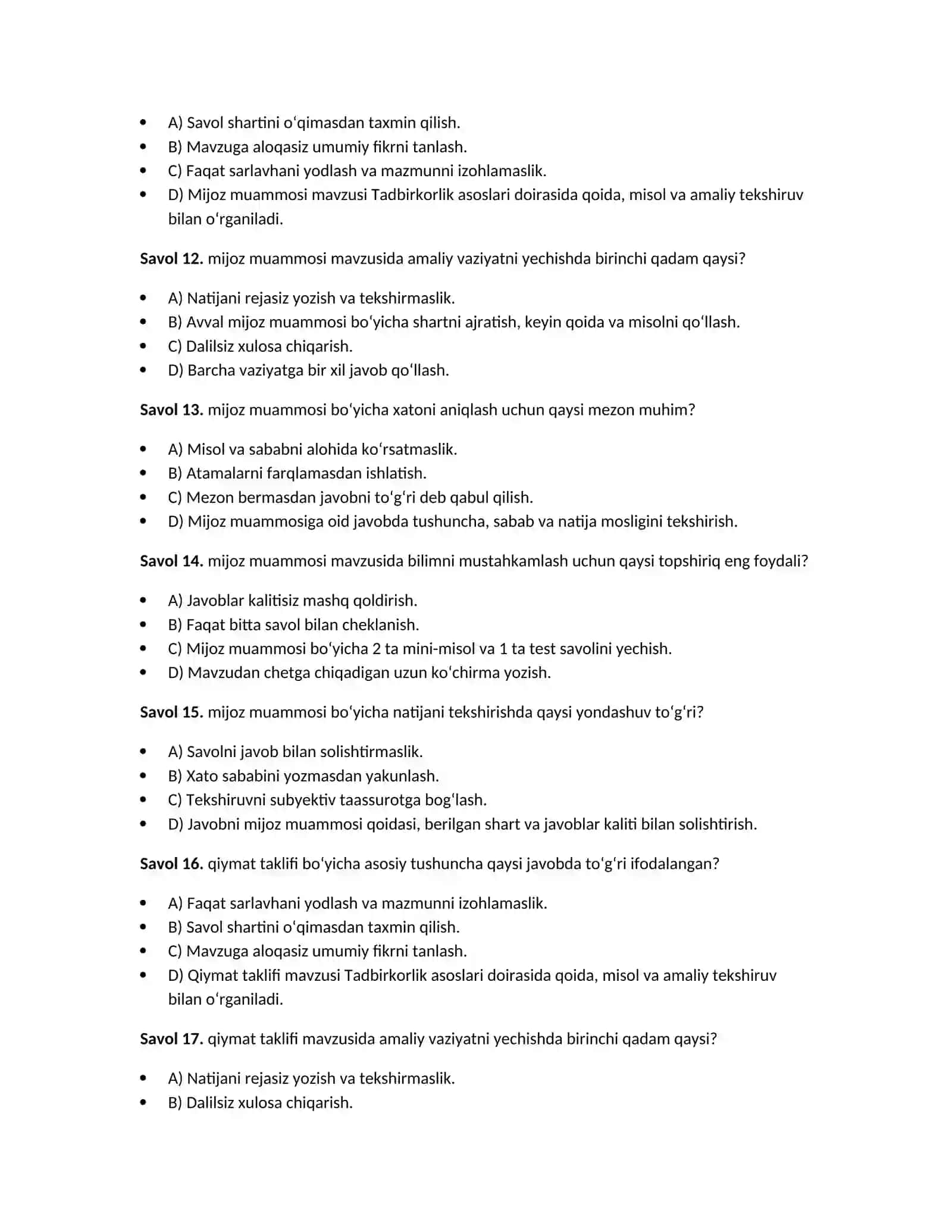 Tadbirkorlik asoslari — 100 test javoblari bilan 4