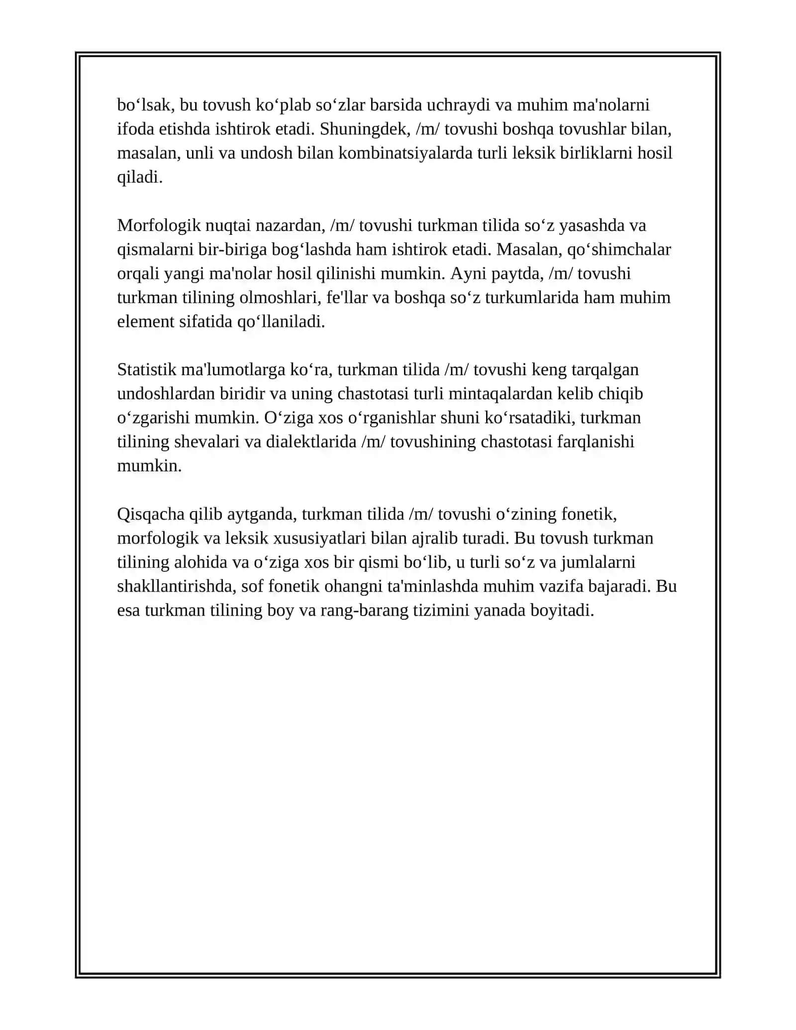 OʻZBEKCHA /M/,/T/,/K/NING TURKMAN, UYGʻUR, MATNLARIDA MUVOFIQLARI 4
