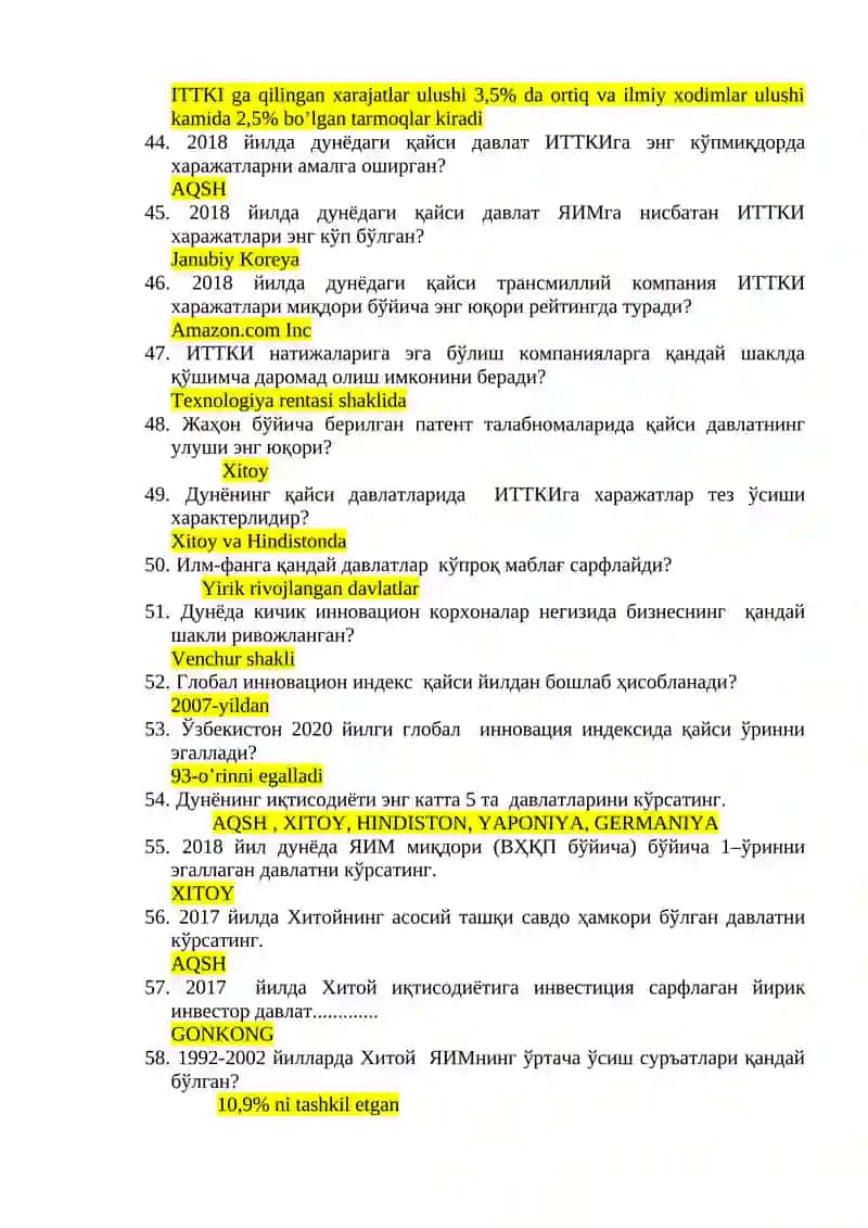 ЖАҲОН ИҚТИСОДИЁТИ ФАНИДАН САВОЛЛАР ТЎПЛАМИ 4
