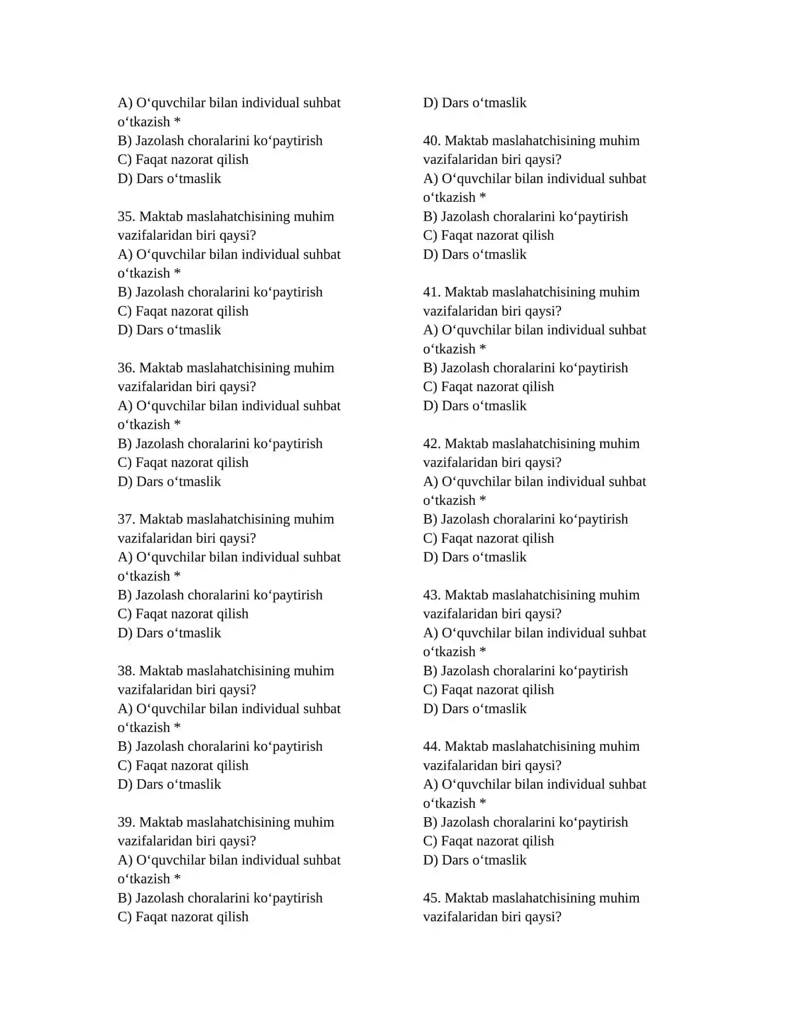 Maktab maslahatchisi lavozimi uchun test (100 ta) 2-qism 4