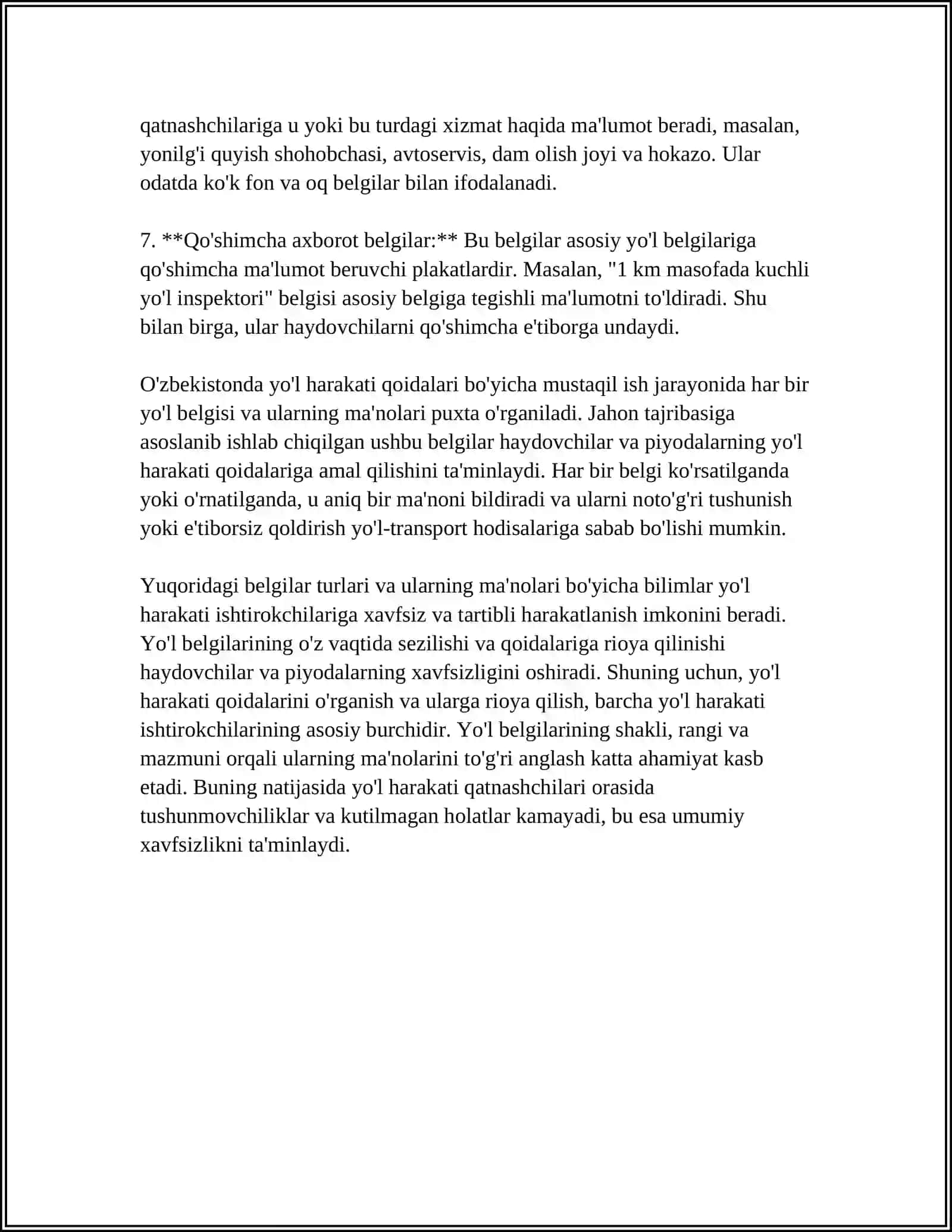 YOʻL HARAKATI QOIDALARI BOʻYICHA MUSTAQIL ISH 4