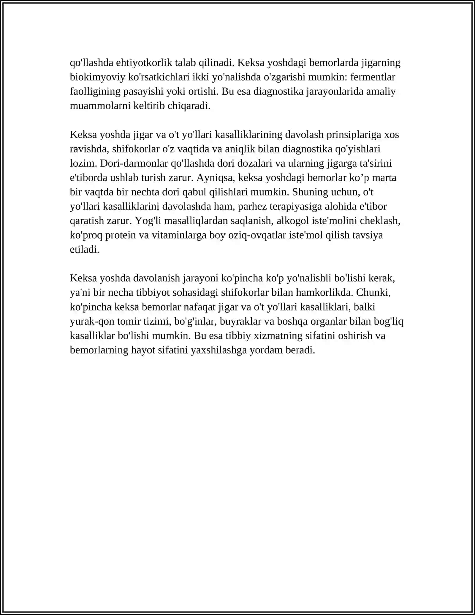 KEKSA YOSHDAGI BEMORLARDA JIGAR VA O‘T YO‘LLARI KASALLIKLARI. SURUNKALI GEPATIT, JIGAR SIRROZI BELGILARI. ASOSIY DAVOLASH PRINSIPLARI 4