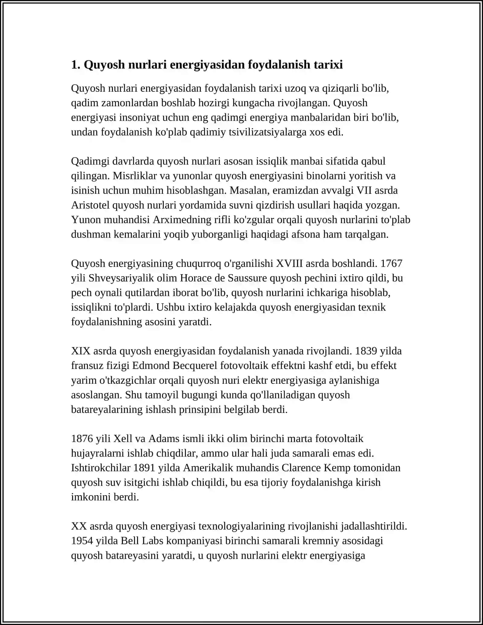 Quyosh Nurlari Energiyasidan Foydalanish Tarixi 4