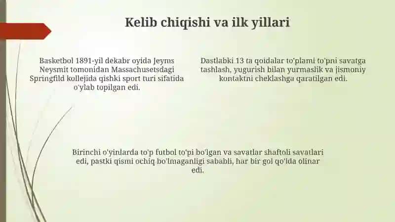 Basketbol oʻyinining kelib chiqishi qoidalari va rivojlanish tarixi 4