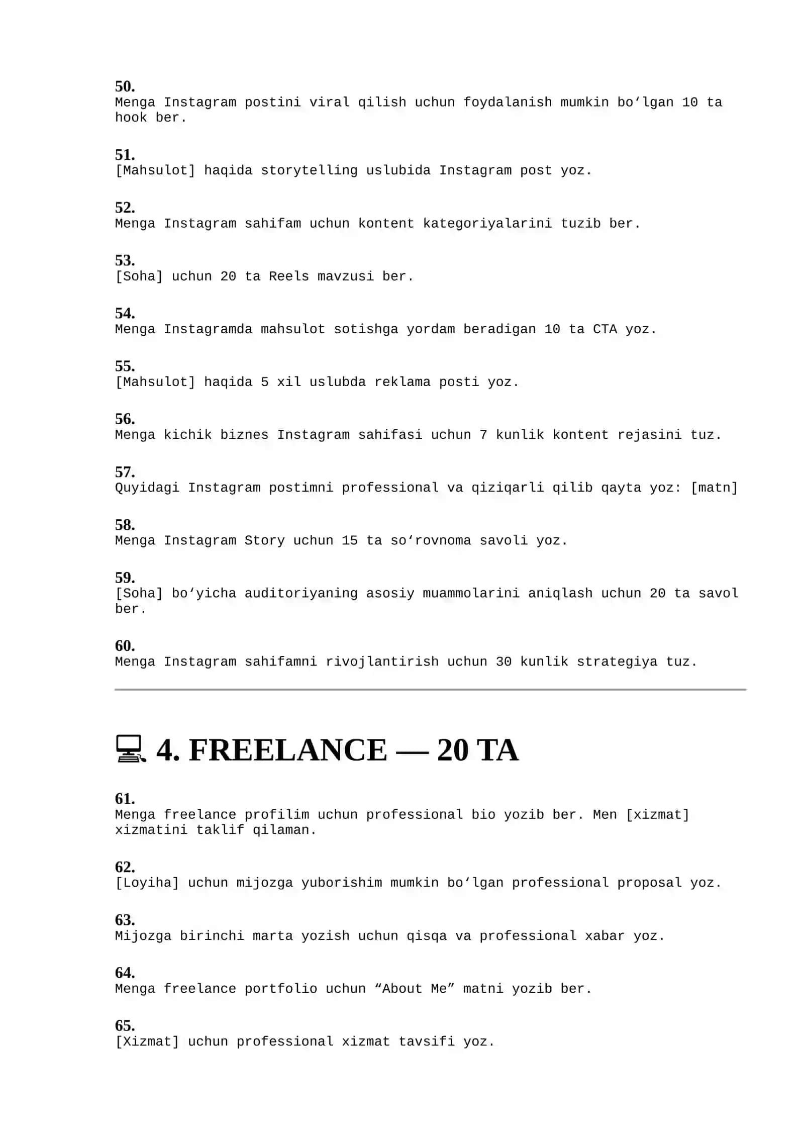 ChatGPT uchun 100 ta foydali Prompt — O‘qish, Biznes, SMM va Freelance 4