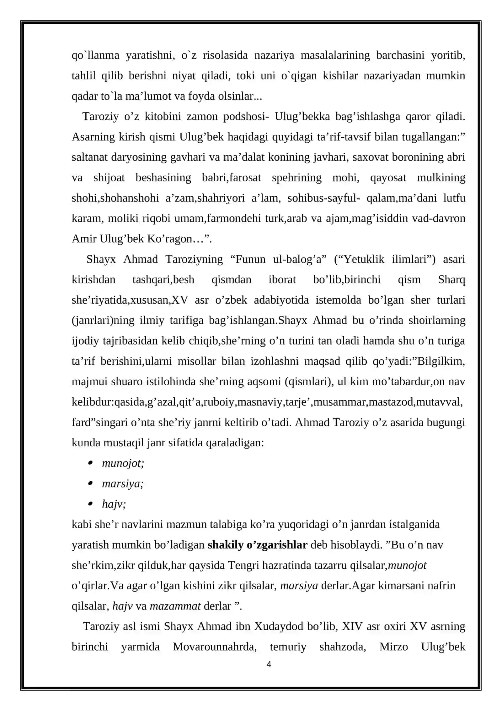 “AHMAD TAROZIY VA JANRSHUNOSLIK” MAVZUSIDAGI KURS ISHI 4