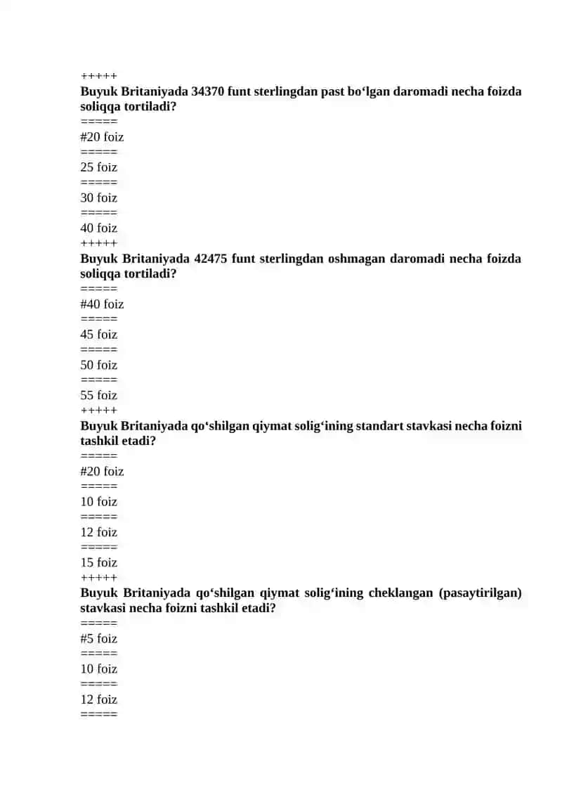 Chet mamlakatlar soliq tizimi fanidan yakuniy test javoblari 4