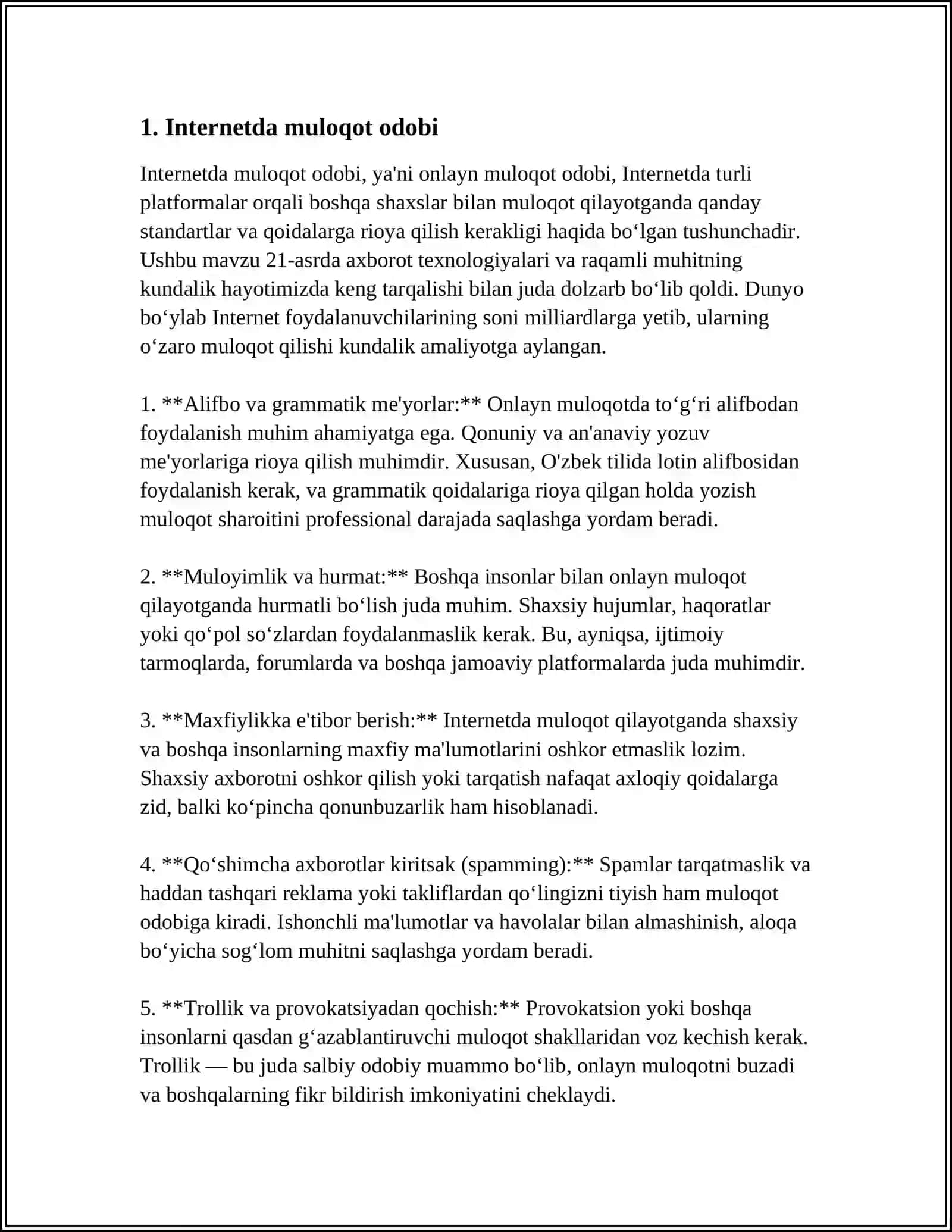 INTERNETDA MULOQOT ODOBI. TARMOQDAGI INFOEKTIKA 4