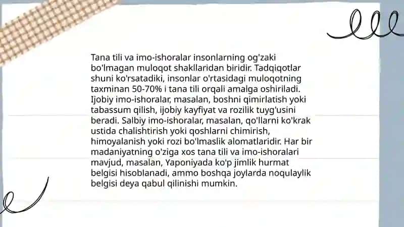Nonverbal muloqot. Muloqotni boyituvchi omillar 4