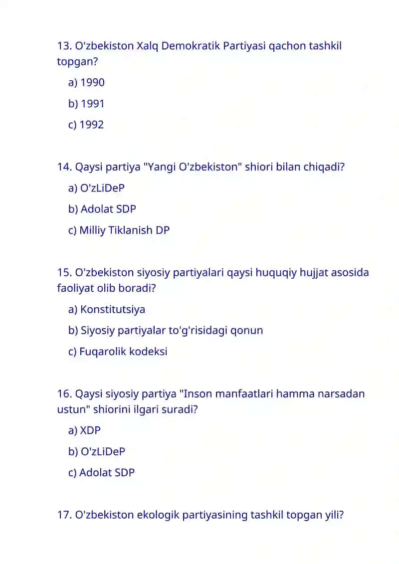 Siyosiy partiyalar haqida test savollari 4