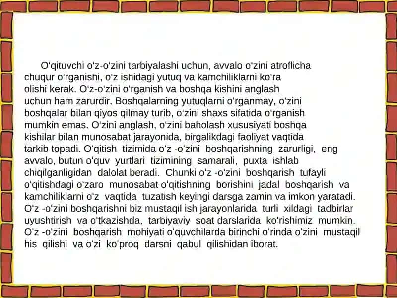 O‘Z-O‘ZINI TARBIYALASH VA O‘ZUSTIDA ISHLASH SHAXSIY DASTURI 4