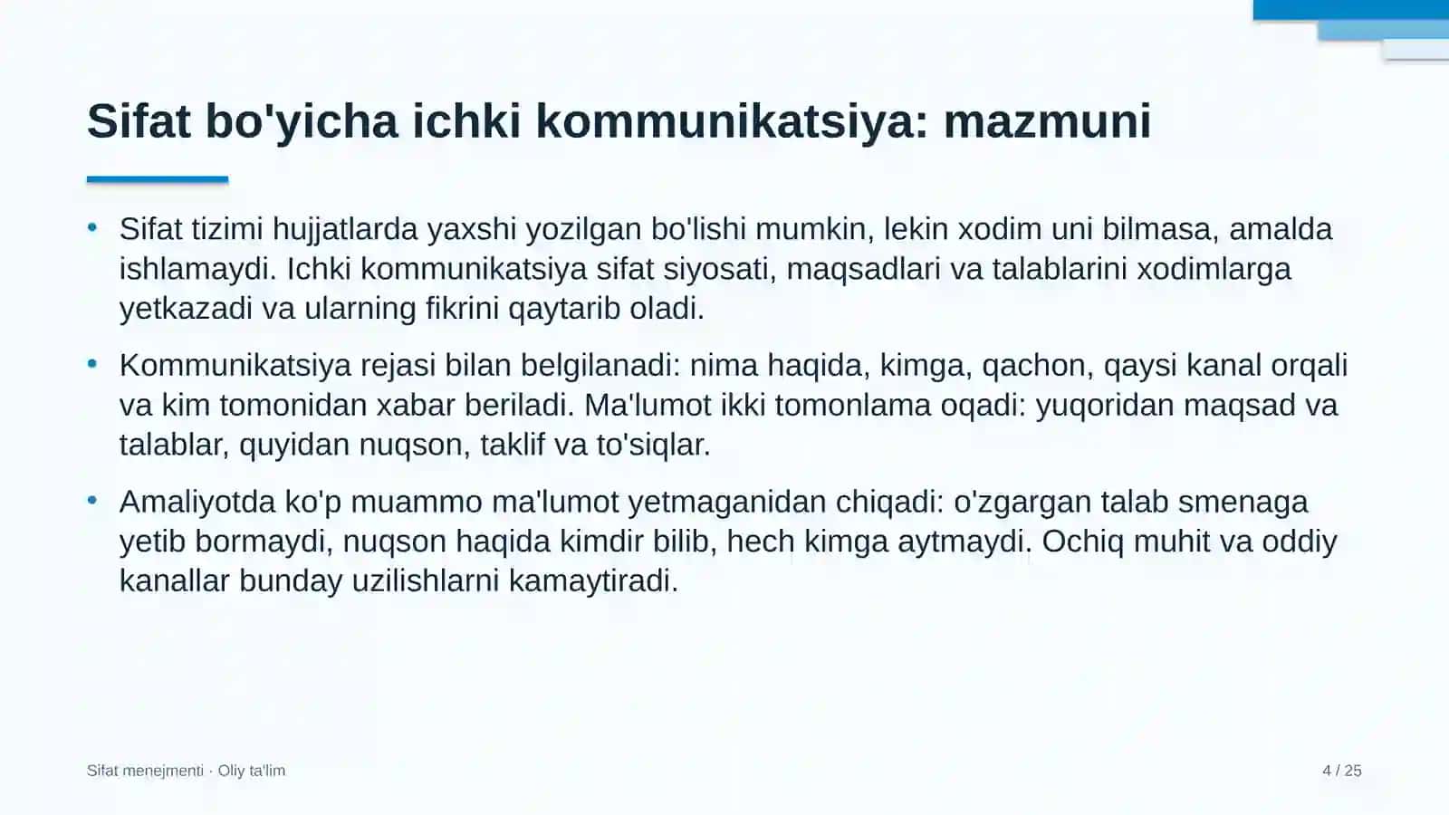 Madaniyat markazlarida sifat bo'yicha ichki kommunikatsiyalarni yo'lga qo'yish 4