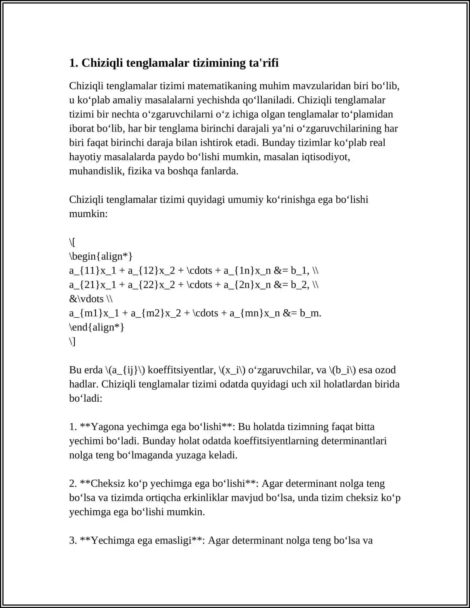 CHIZIQLI ALGEBRAIK TENGLAMALAR SISTEMASI YECHIMI MAVJUDLIGINING ZARURIY VA YETARLI SHARTI 4