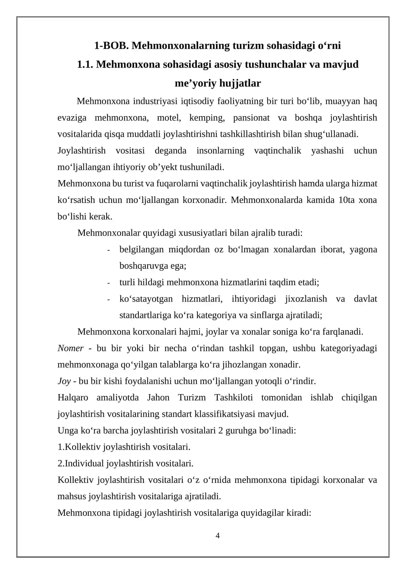 “МЕHMONXONALARNING TURIZM SOHASIDAGI O‘RNI” MAVZUSIDAGI KURS ISHI 4