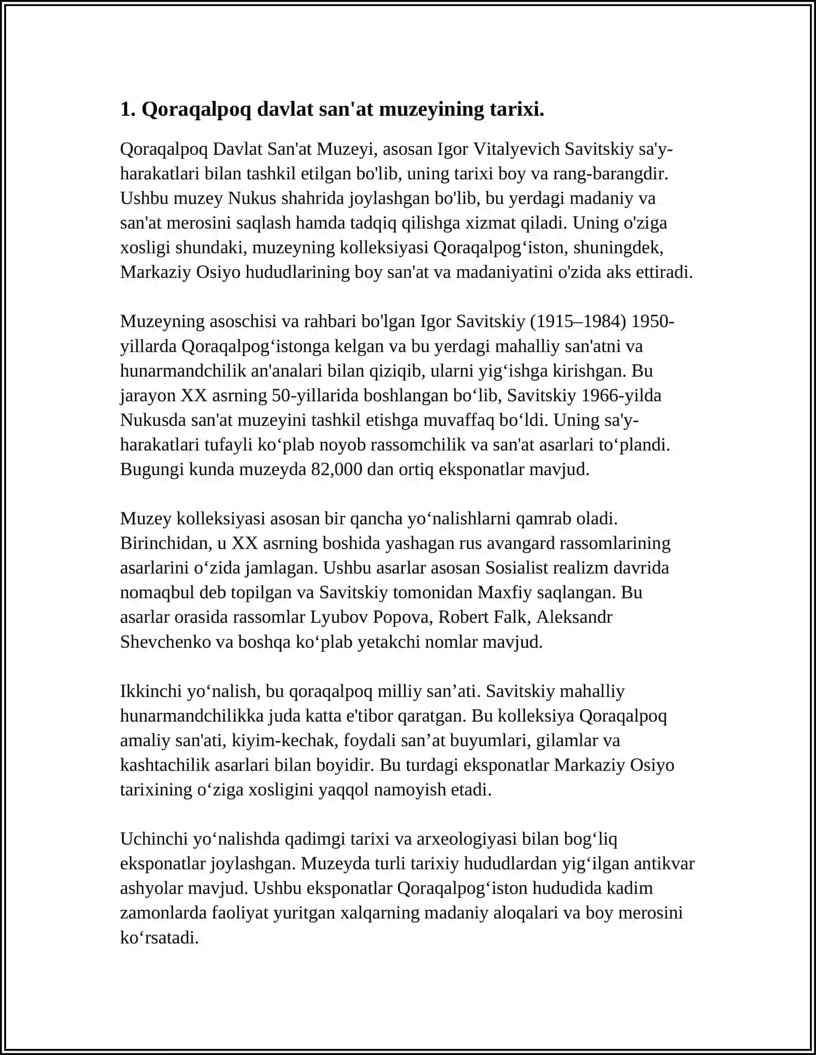 QORAQALPOQ SAVETISKIY MUZEY EKSPANATLARI HAQIDA ESSE YOZISH 4