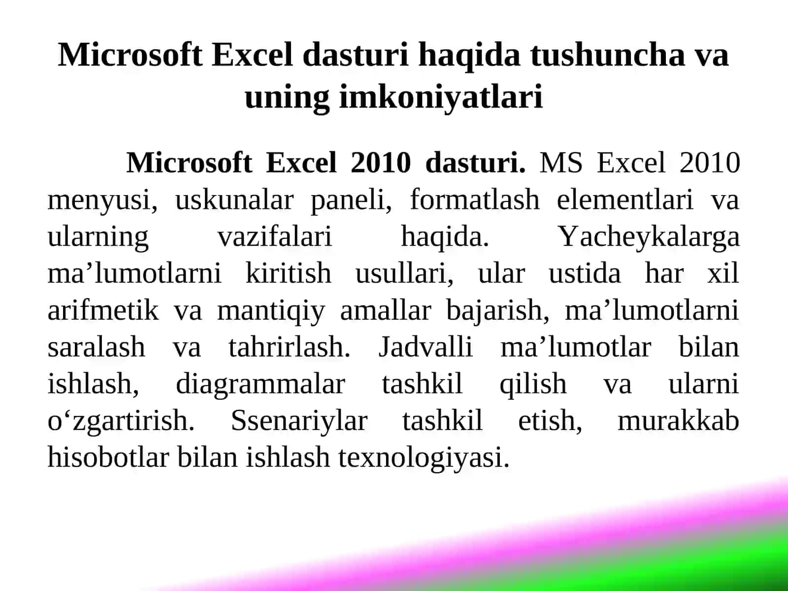 MS Excel elektron jadvallarning umumiyko‘rinishi 4