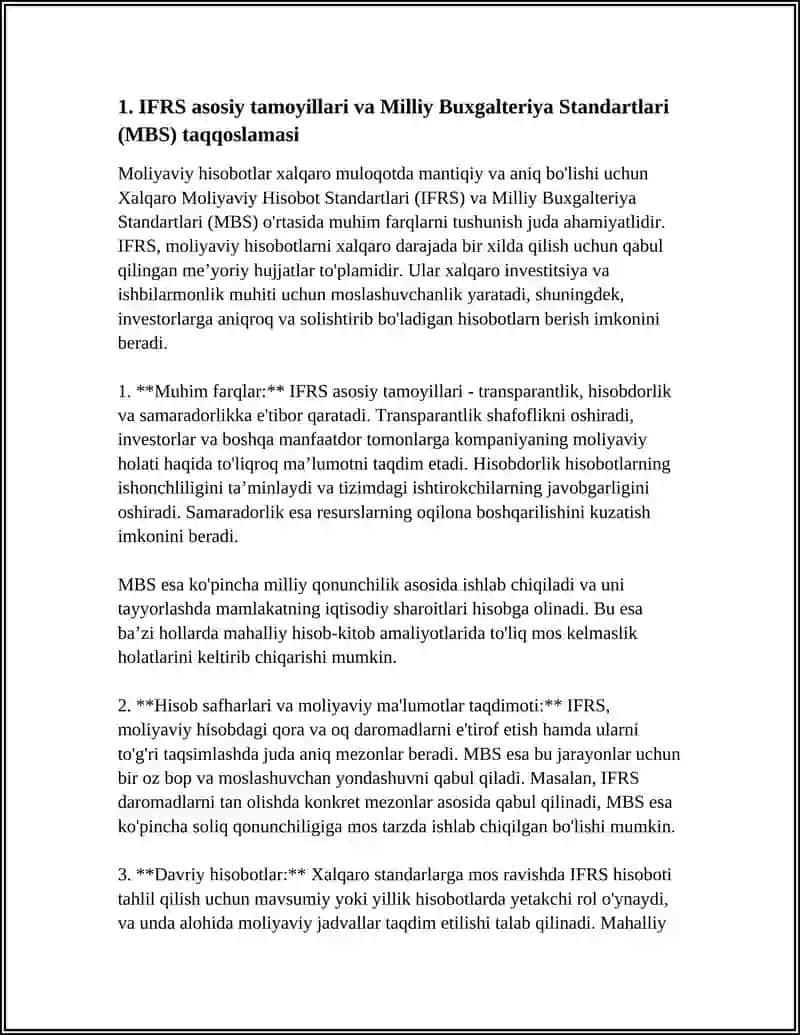 XALQARO MOLIYAVIY HISOBOT STANDARTLARI (IFRS).MILLIY BUXGALTERIYA STANDARTLARI BILAN SOLISHTIRISH.MOLIYAVIY TARTIBGA SOLISH TIZIMI 4
