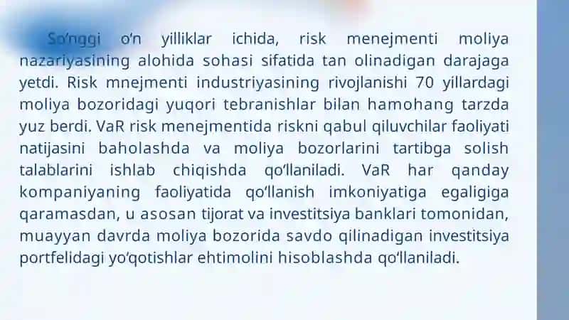 RISKQIYMATI (VAR) METODOLOGIYASI 4
