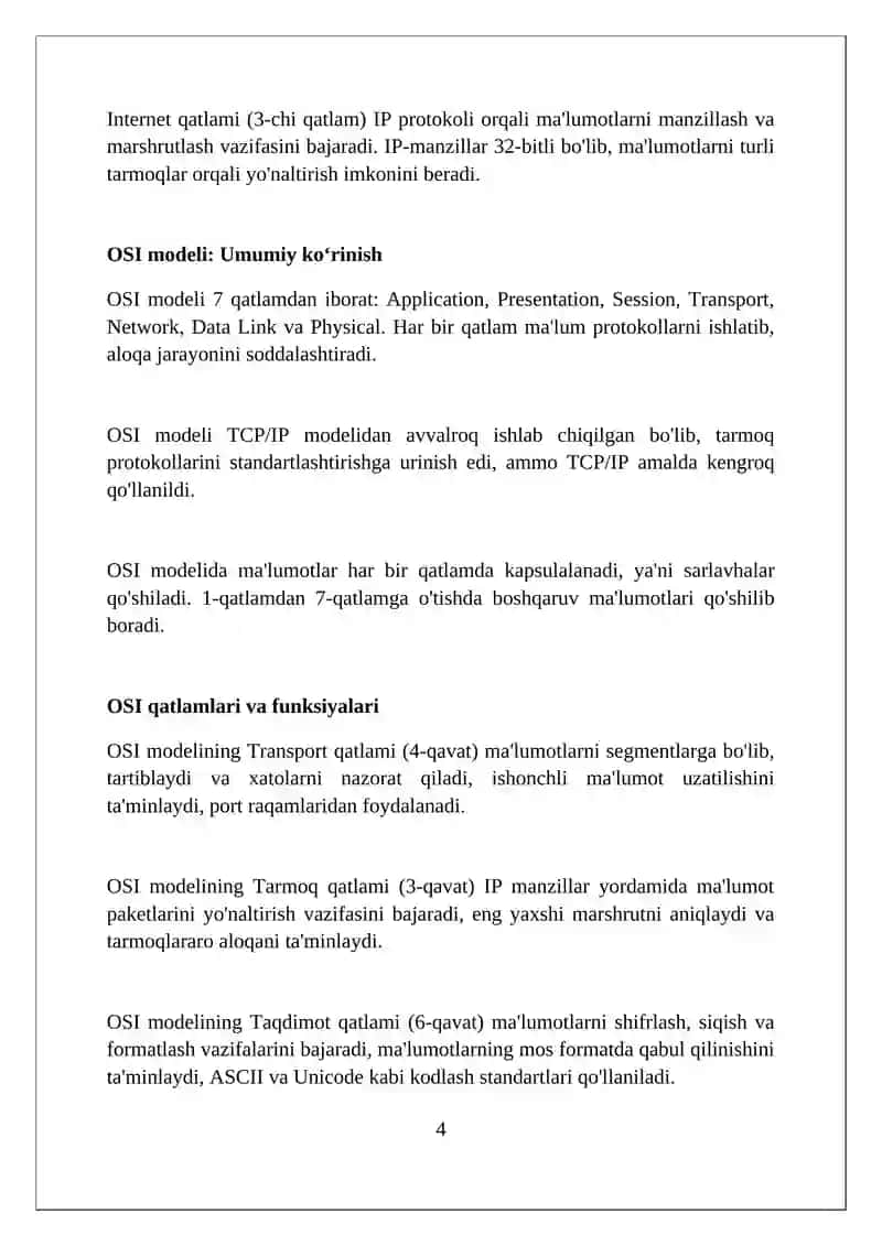 TCP/IP va OSI modellarning kompyuter tarmoqlarini qurishda o‘rni 4