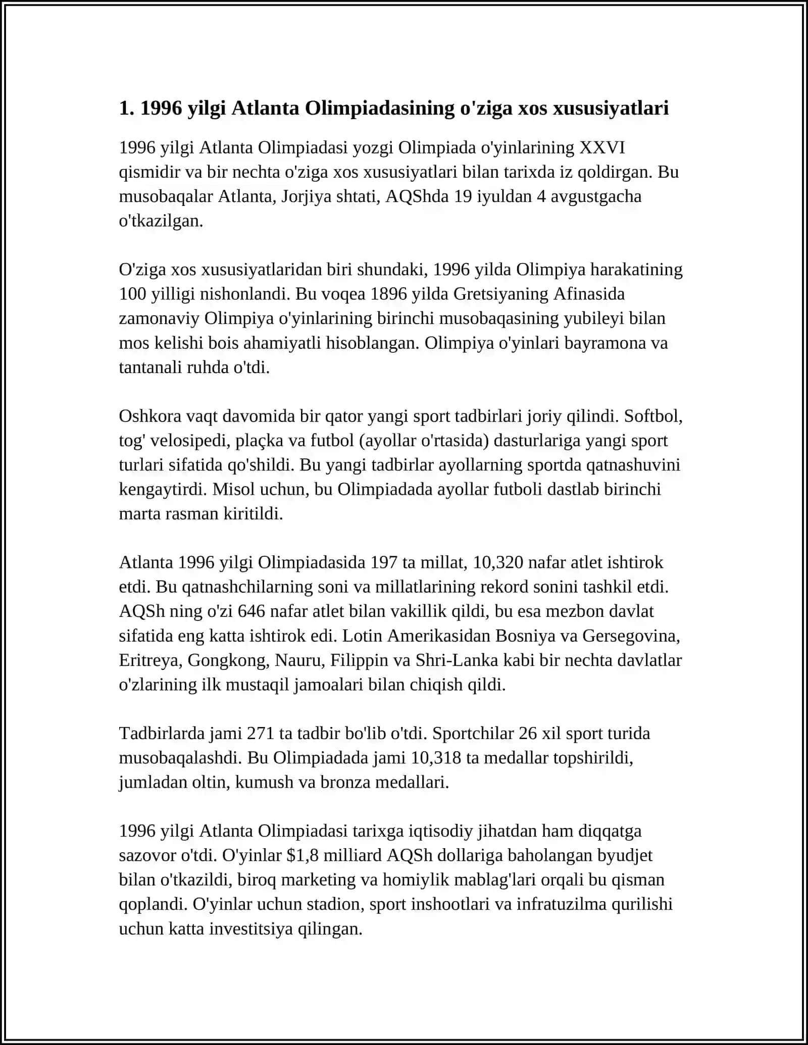 OLIMPIADA OʻYINLARINING XUSUSIYATLARI 1996YILDAN XOZIRGI KUNGACHA 4