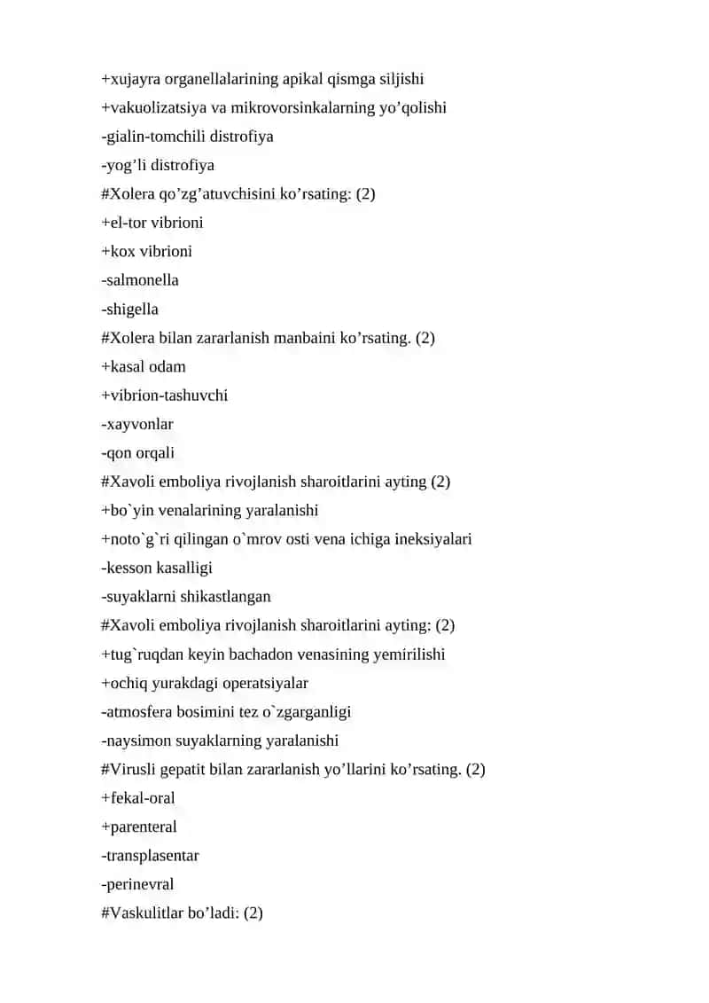 Patologik anatomiya fanidan 300 talik test, 2 talik javoblari bilan 4