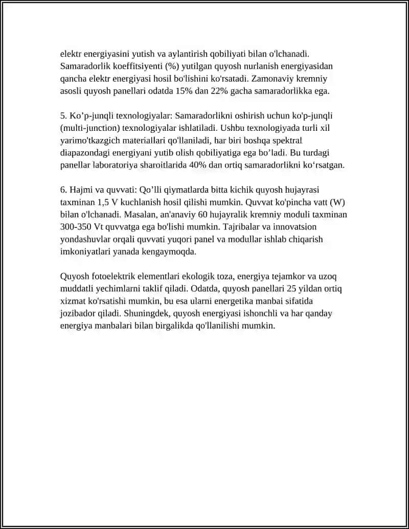QUYOSH FOTOELEKTRIK ELEMENTLARI VA MODULLARI 4