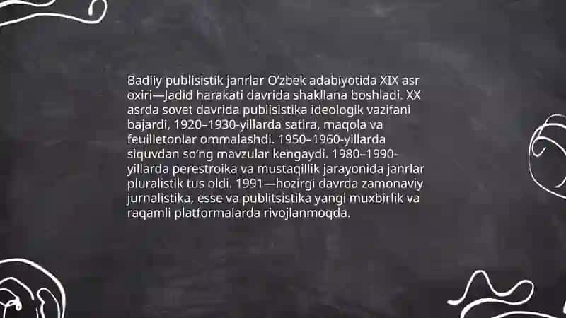 Badiiy publisistik janrlar bo’yicha taqdimottayyorlash 4