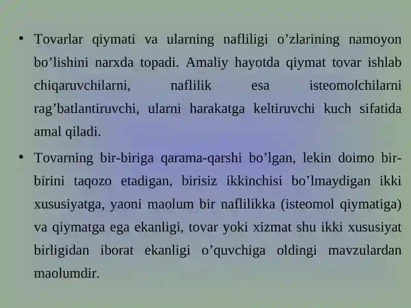 Tovarlar qiymati va ularning nafliligi 4