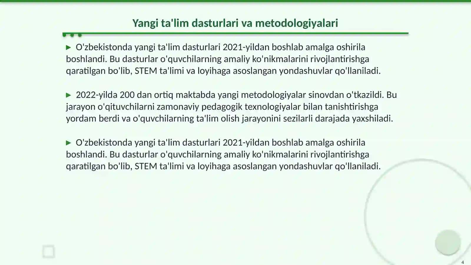 Ta'lim sohasidagi amalga oshirilgan islohotlar 4