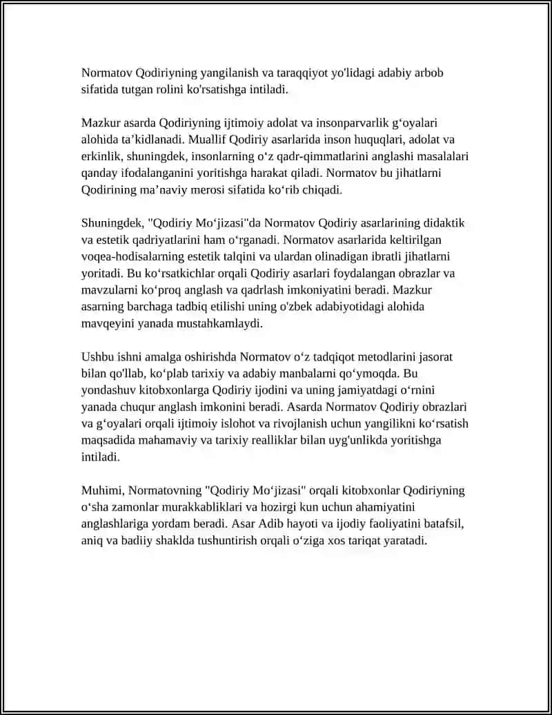 UMARALI NORMATOVNING "QODIRIY MOʼJIZASI" ASARI TAHLILI 4