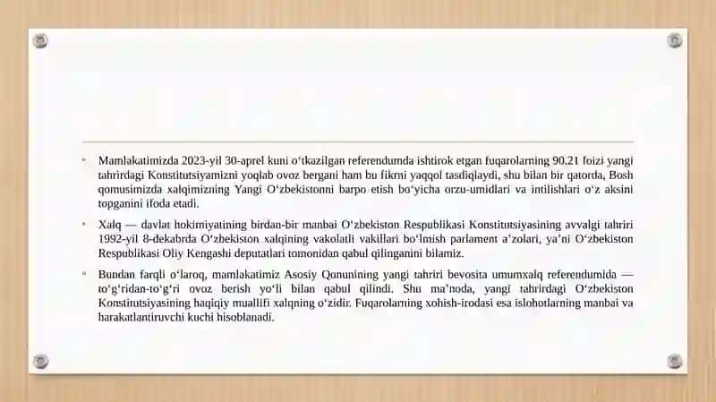 Yangi tahrirdagi O'zbekiston Respublikasi Konstitutsiyasi kursining predmeti, tamoyillari, manbalari 4
