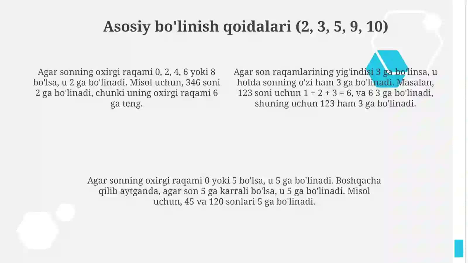 Bo'linish belgilari. Sonlarning umumiy bo'luvchisivakarralisi 4