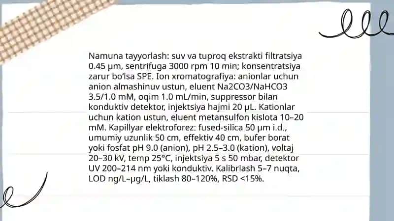 Tuproq va suvning ifloslanishida ion bog‘lanishli birikmalarni aniqlash 4