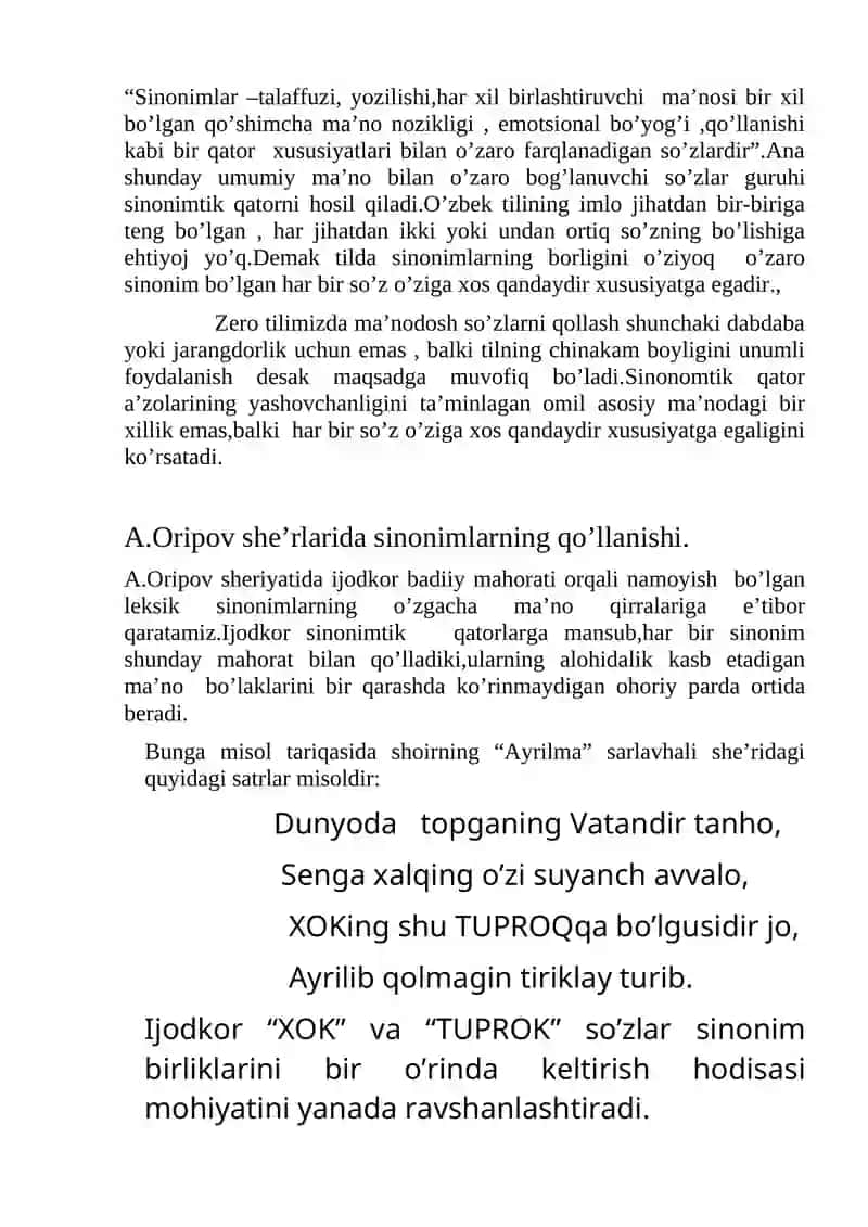 Abdulla Oripov she`rlarida sinonimlarning qo’llanishi 4