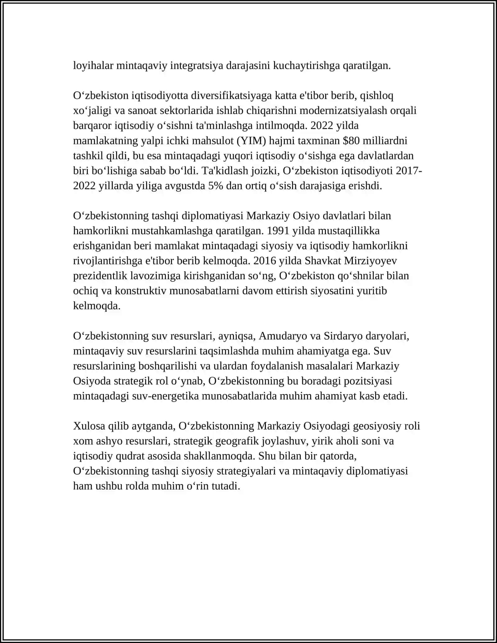 O‘ZBEKISTONNING MARKAZIY OSIYODA TINCHLIK VA BARQARORLIKNI TA‘MINLASHDAGI O‘RNI 4