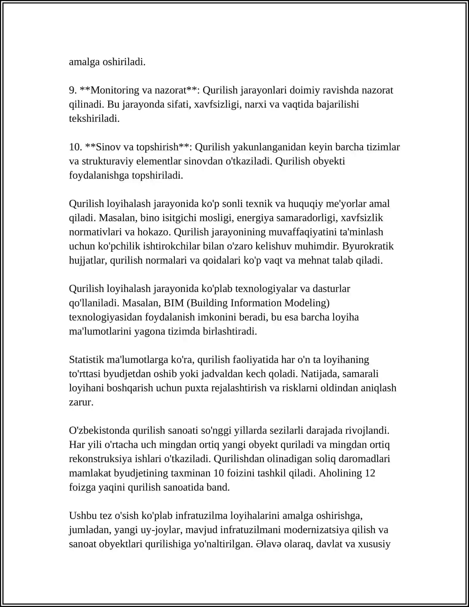 MUSTAQIL ISH Mavzu: QURILISH FAOLIYATINI REJALASHTIRISH ASOSLARI 4