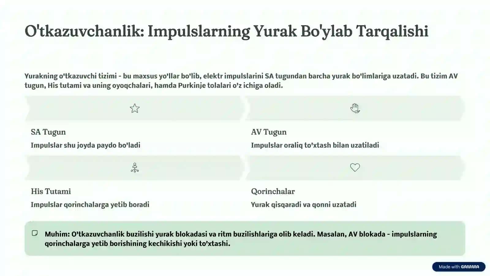 Yurak patofiziologiyasi. Yurak avtomatizmi,qo'zg'aluvchanlik va o'tkazuvchanligining buzilishi. 4