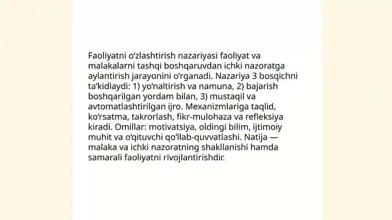 Faoliyatning oʻzlashtirilishi va malakalarini egallash 4