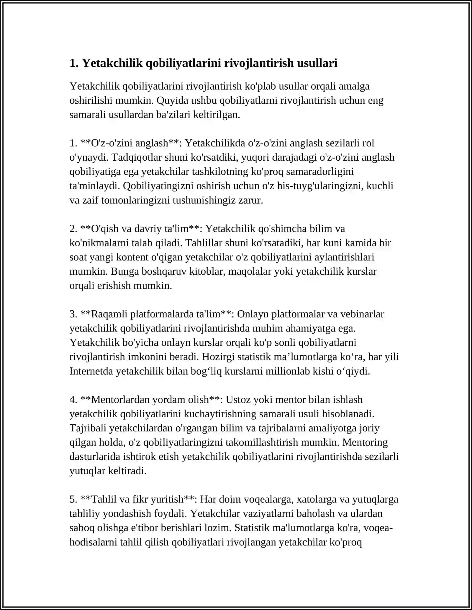 LIDERLIK SIFATLARINI RIVOJLANTIRUVCHI METOD, TAVSIYA VA OʻYINLAR 4