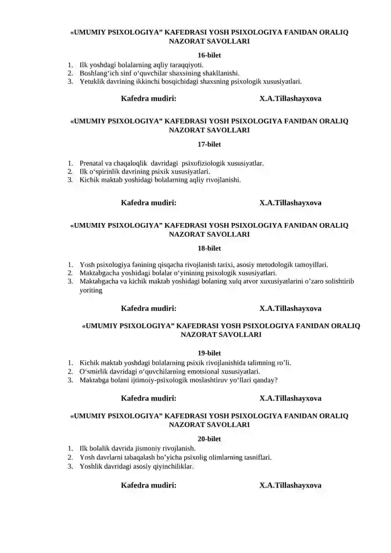 UMUMIY PSIXOLOGIYA” KAFEDRASI YOSH PSIXOLOGIYA FANIDAN ORALIQ NAZORAT SAVOLLARI 4