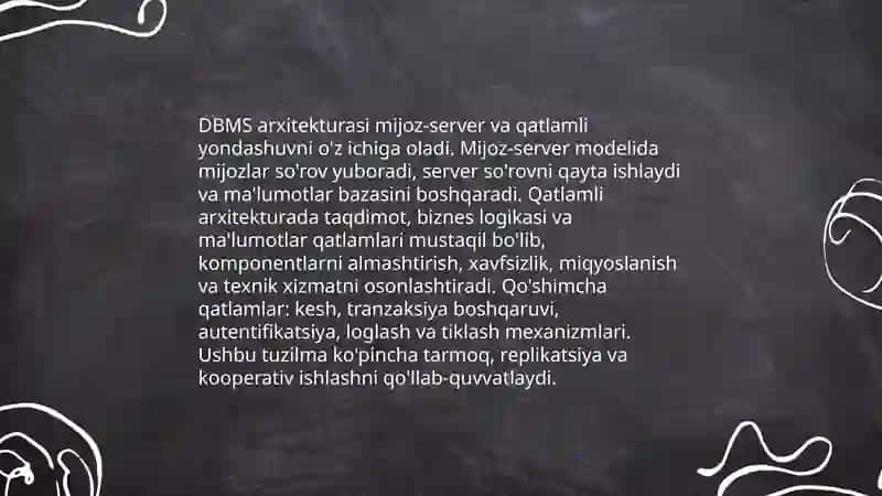Maʼlumotlar bazasini boshqarish tizimlari Ibodullayeva Shahnoza 4