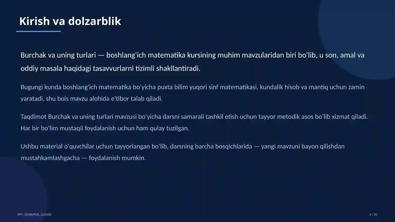 Burchak va uning turlari (4-sinf) 4