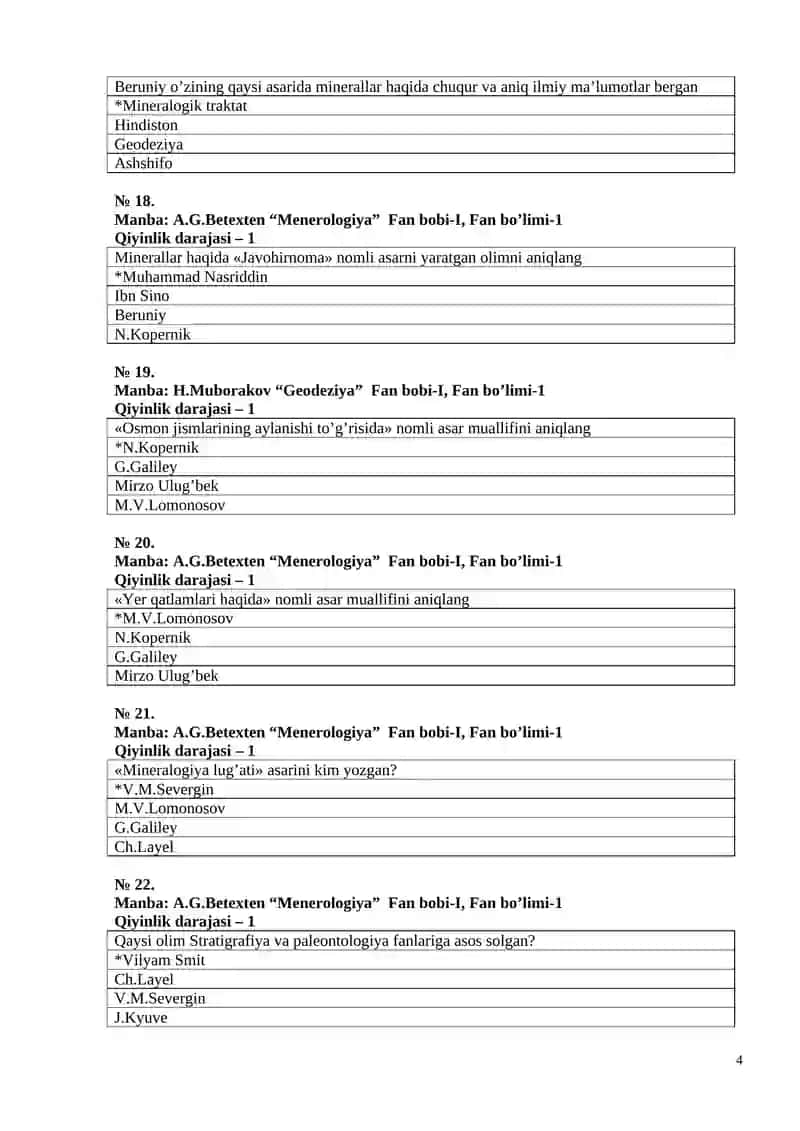 Geologiya, Minerologiya va Geodeziya test 4