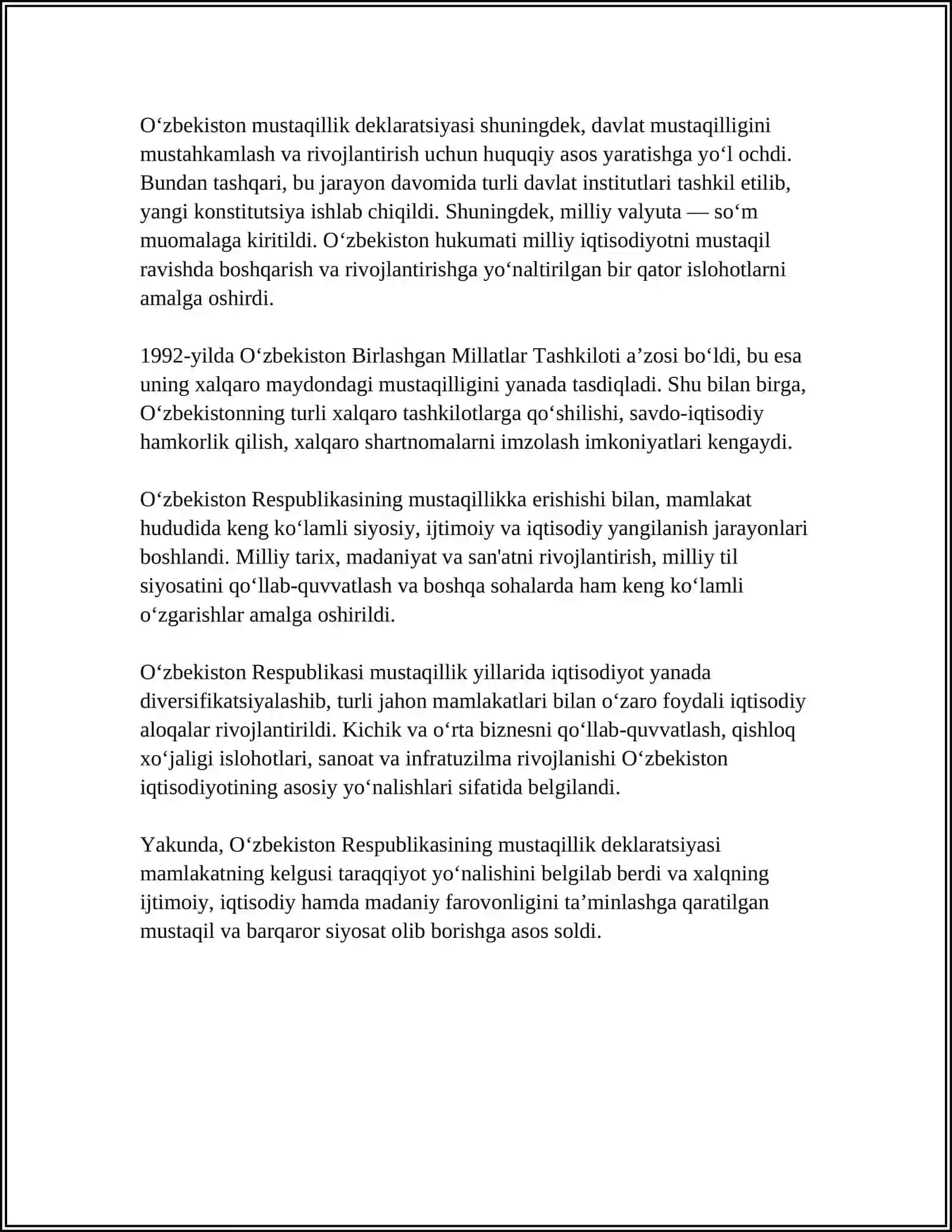 O‘zbekiston ENG YANGI TARIXIDAN MUSTAQIL ISH 4