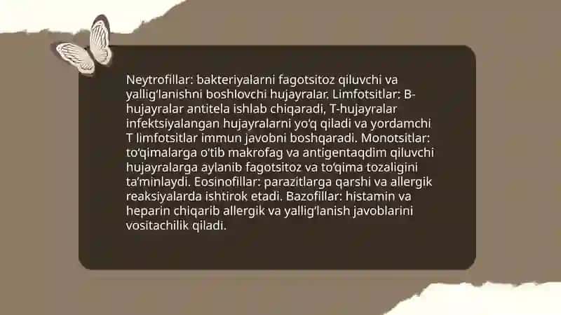 Qon elementi tarkibiga kiruvchi lekotsitlar, eretrotsitlar va trombatsitlarning roli 4