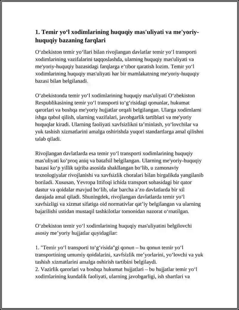 O'ZBEKISTON TEMIR YO'LLARI BILAN RIVOJLANGAN DAVLATLAR TEMIR YO'L TRANSPORTI XODIMLARINING UMUMIY VAZIFALARINING FARQLI JIHATLARINI TAHLIL QILISH 4