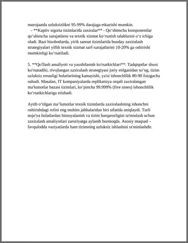 TEXNIK TIZIM ISHONCHLILIGINI OSHIRISHDA ZAXIRALASHNING ÖRNI 4