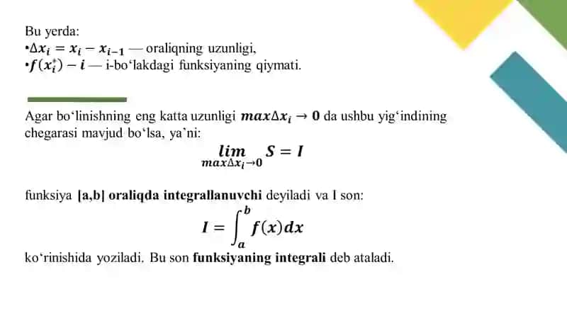 Integrallanuvchi funksiyalar sinfi va integralning asosiy xossalari 4