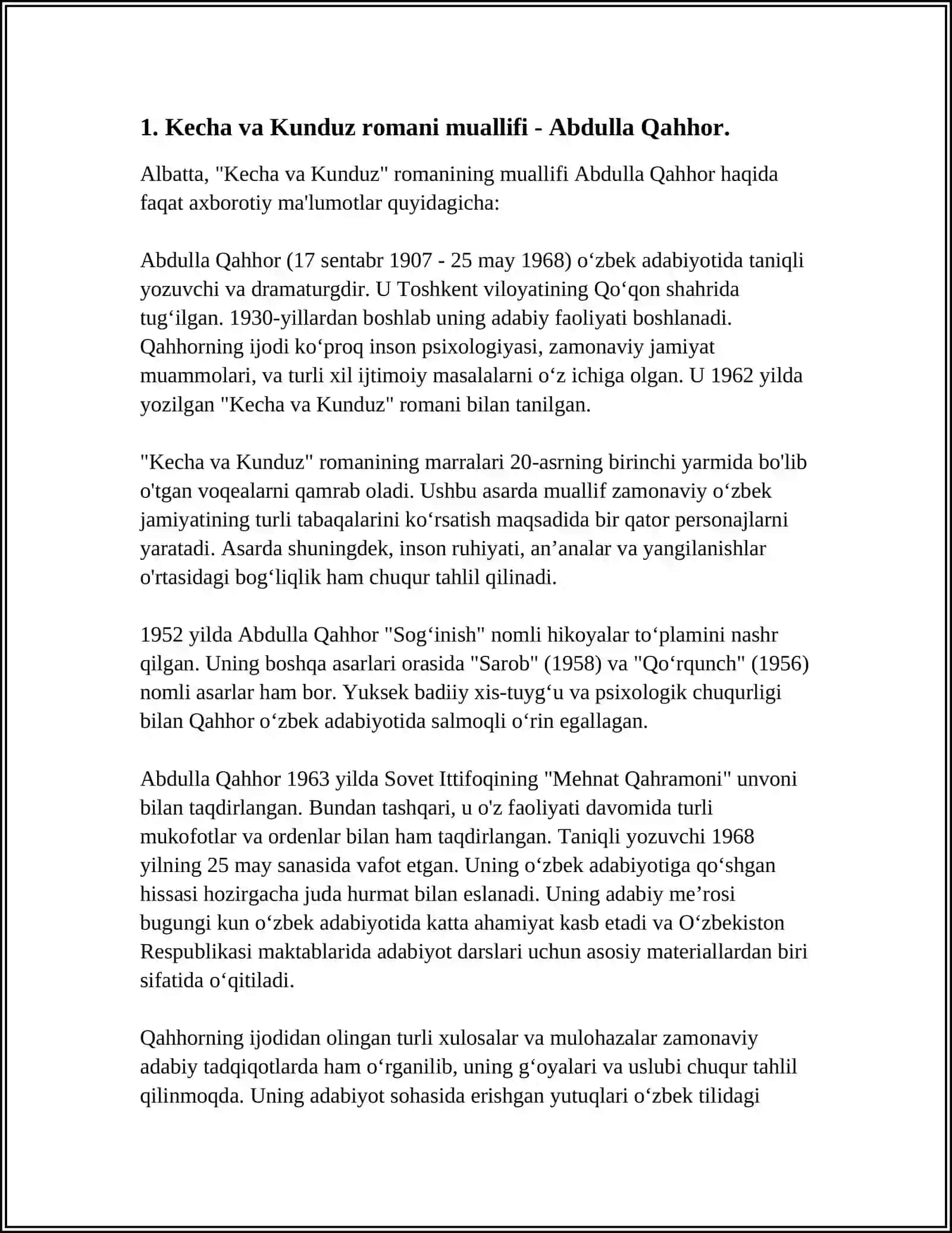 "KECHA VA KUNDUZ" ROMANIDA DAVR VA QAHRAMON TALQINI 4
