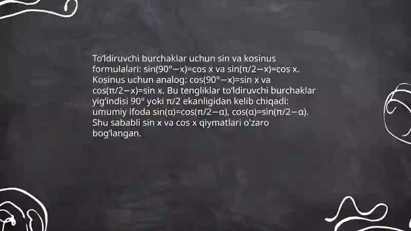Toʻldiruvchi burchakning trigonometrik funksiyalari uchun formulasi 4